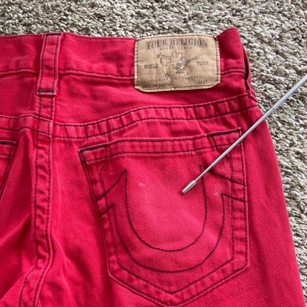 True Religion Y2K Moto Jeans Mens Size 32 Red Bikercore McBling Streetwear - Picture 11 of 13